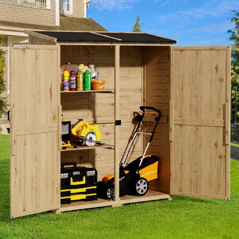 Outdoor Wooden Storage Cabinet w/Waterproof Roof, Double Lockable Doors