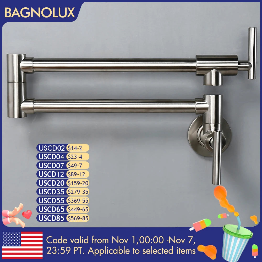 Brushed Nickel Kitchen Faucet Brass Wall Mounted Pot Filler Swivel