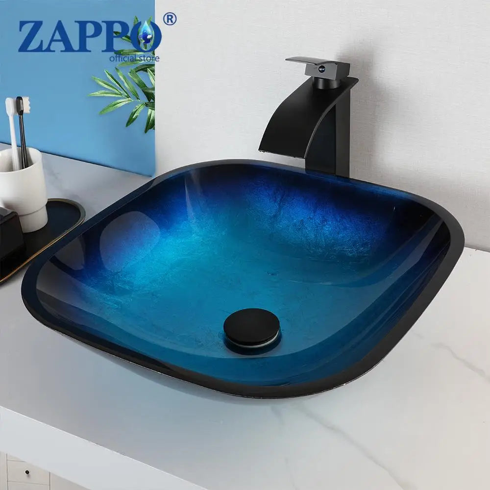 Tempered Glass Bathroom Vessel Sink with Waterfall Black Faucet