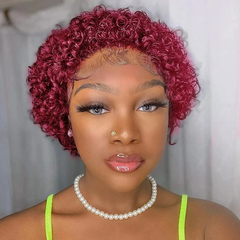 Pixie Cut Curly Bob Wig 613 Blonde & Honey Blonde Burgundy 13x4 Lace Front Human Hair Wig