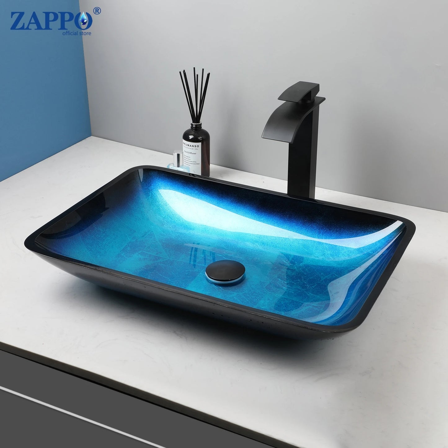 Tempered Glass Bathroom Vessel Sink with Waterfall Black Faucet