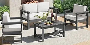 4 Pieces HDPE Outdoor Sofa Set with Cushions, All Weather Use Loveseat Furniture