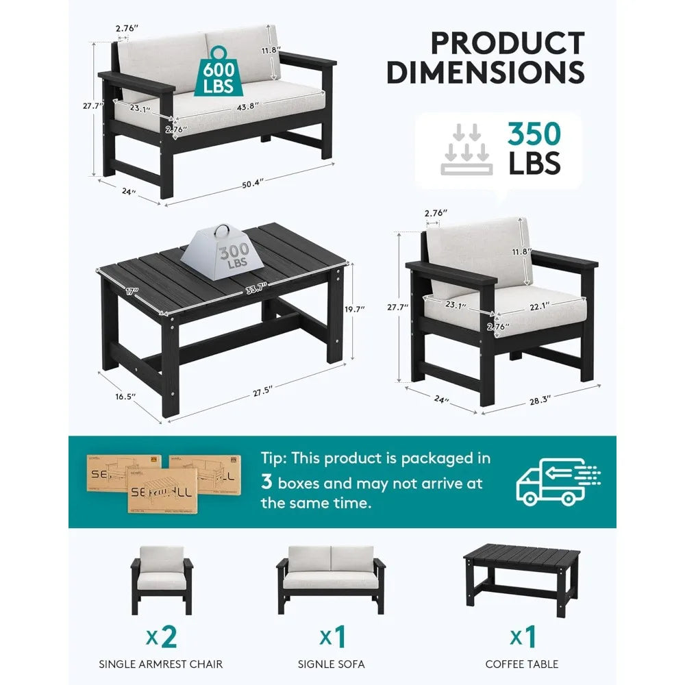 4 Pieces HDPE Outdoor Sofa Set with Cushions, All Weather Use Loveseat Furniture