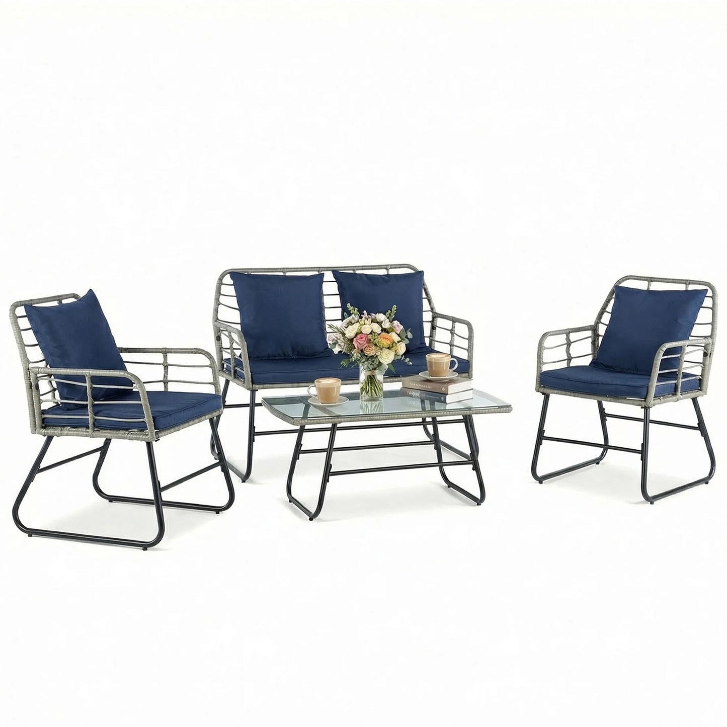 Outdoor Wicker Patio Furniture Set 4 Pieces with Soft Cushion