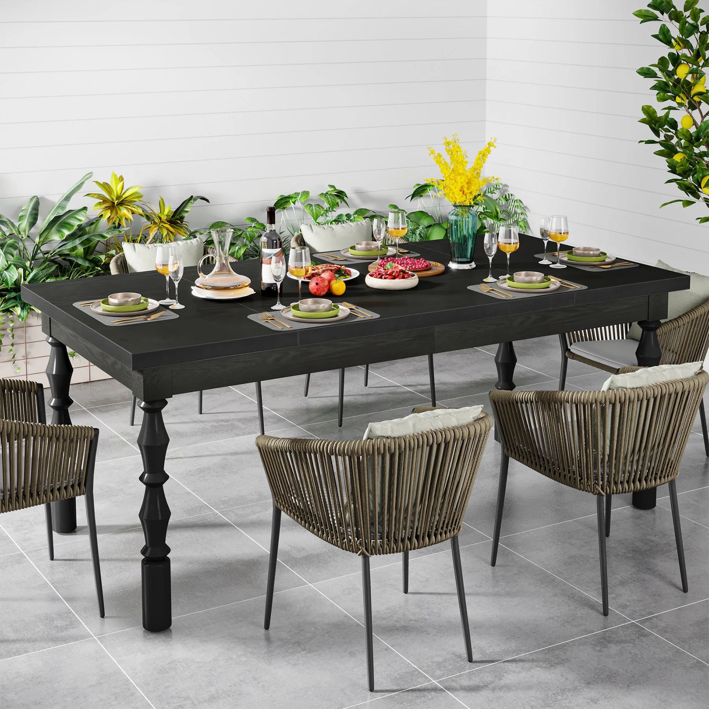 62” Wood Patio Table for 4-6 People, Farmhouse Large Indoor