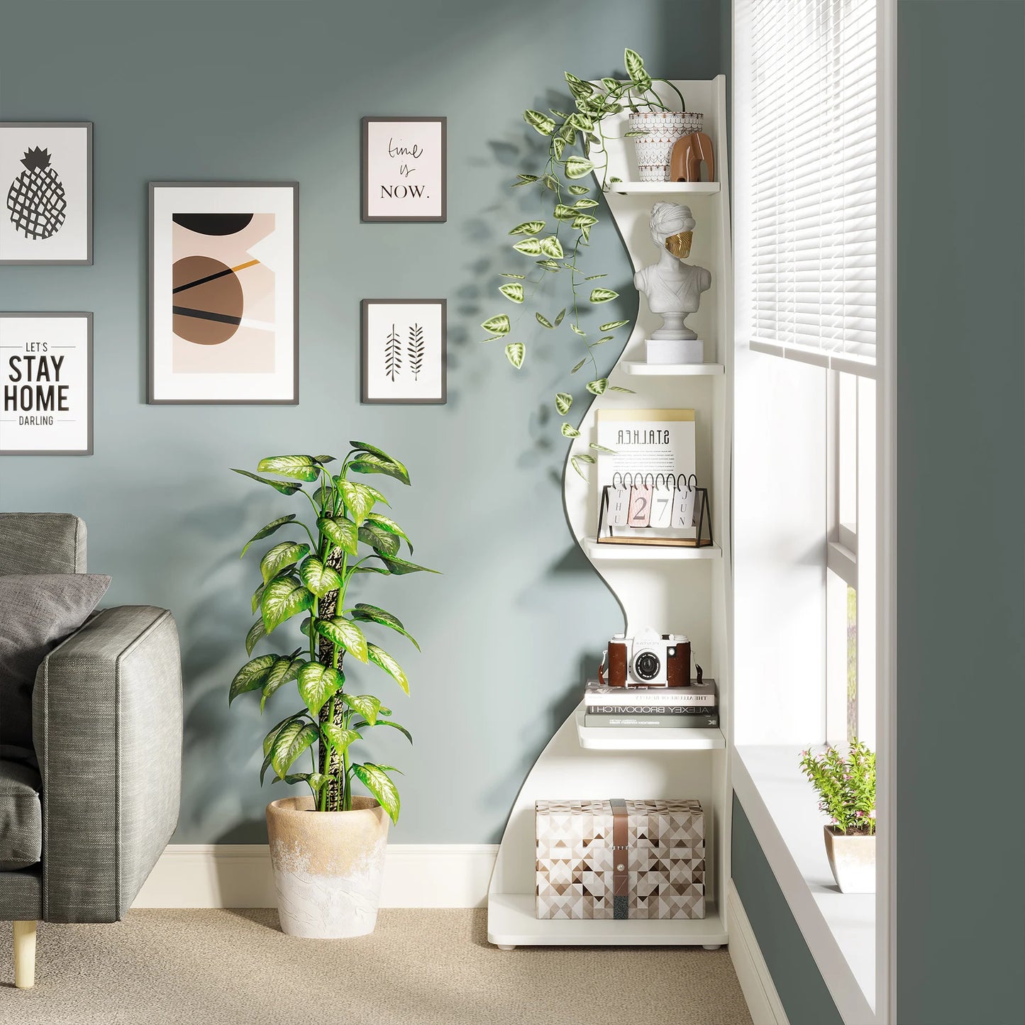 Corner Shelf, Modern 5-Tier Wall Corner Bookshelf,