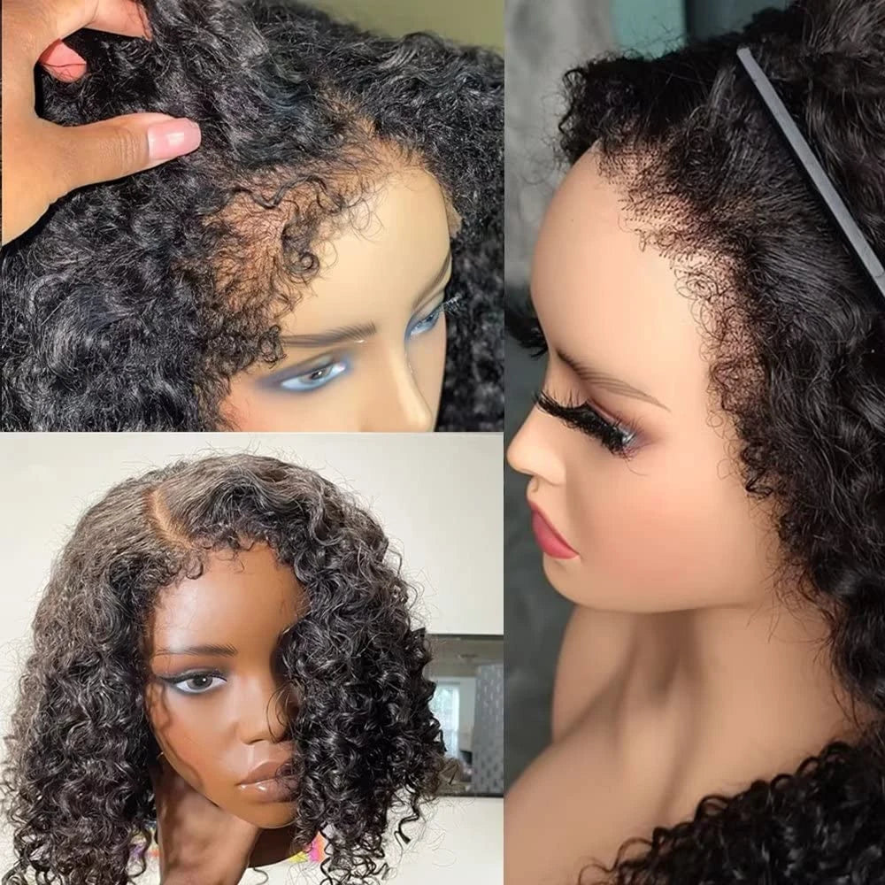 Short Bob Kinky Curly Human Hair Frontal Wig 4C Edges  Closure