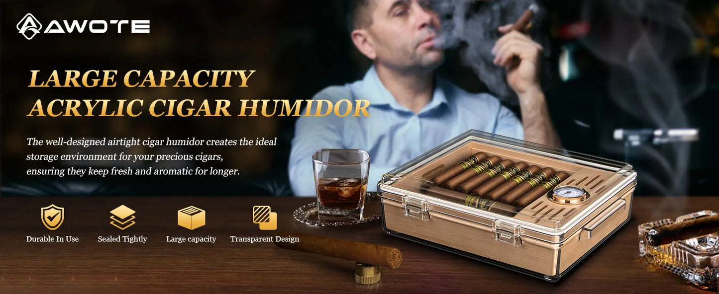 Acrylic Cigar Humidor, Clear Cigar Humidor Box with Hygrometer, Humidifier and Cedar Wood Tray, Can Hold About 20-30 Cigars