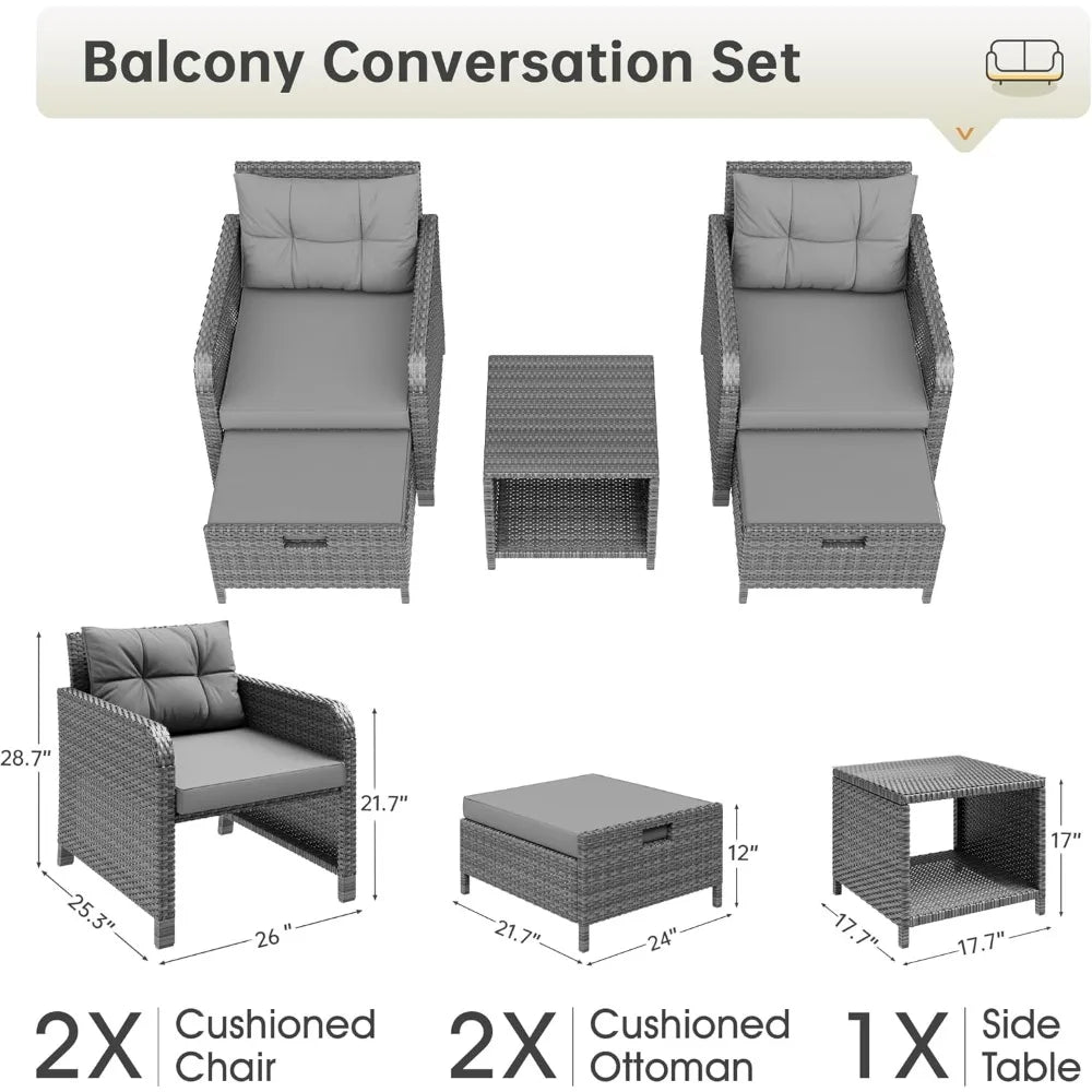 Balcony Furniture 5 Piece Patio Conversation Set,  PE Wicker Rattan Outdoor Lounge Chairs with Soft Cushions 2 Ottoman&Glass Tabl