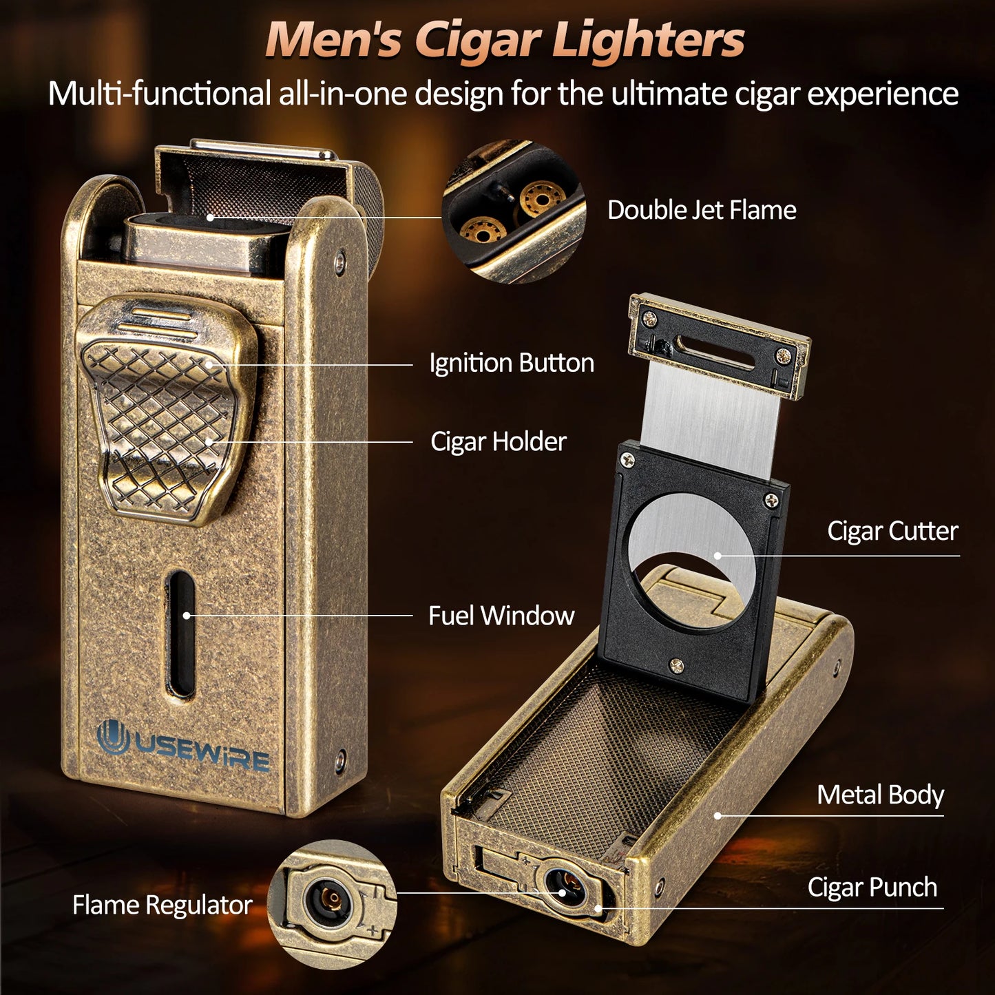Leather Cigar Humidor with Cigar Lighter, Built-in Straight Cigar Cutter and Cigar Punch,