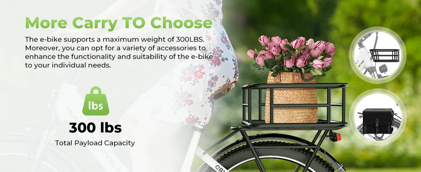 26" Step-Thru Electric Bike for Adult,1000w Peak Motor 80Miles Range,