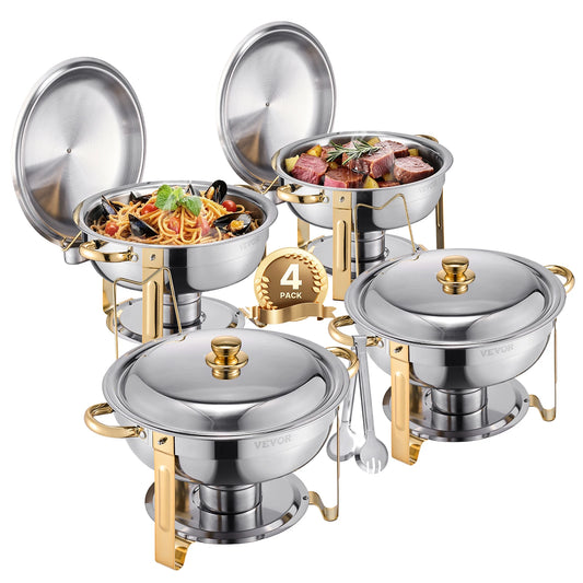4 Pack Chafing Dish Buffet Se t Stainless Steel Chafer w/4 Full Size Pan Round
