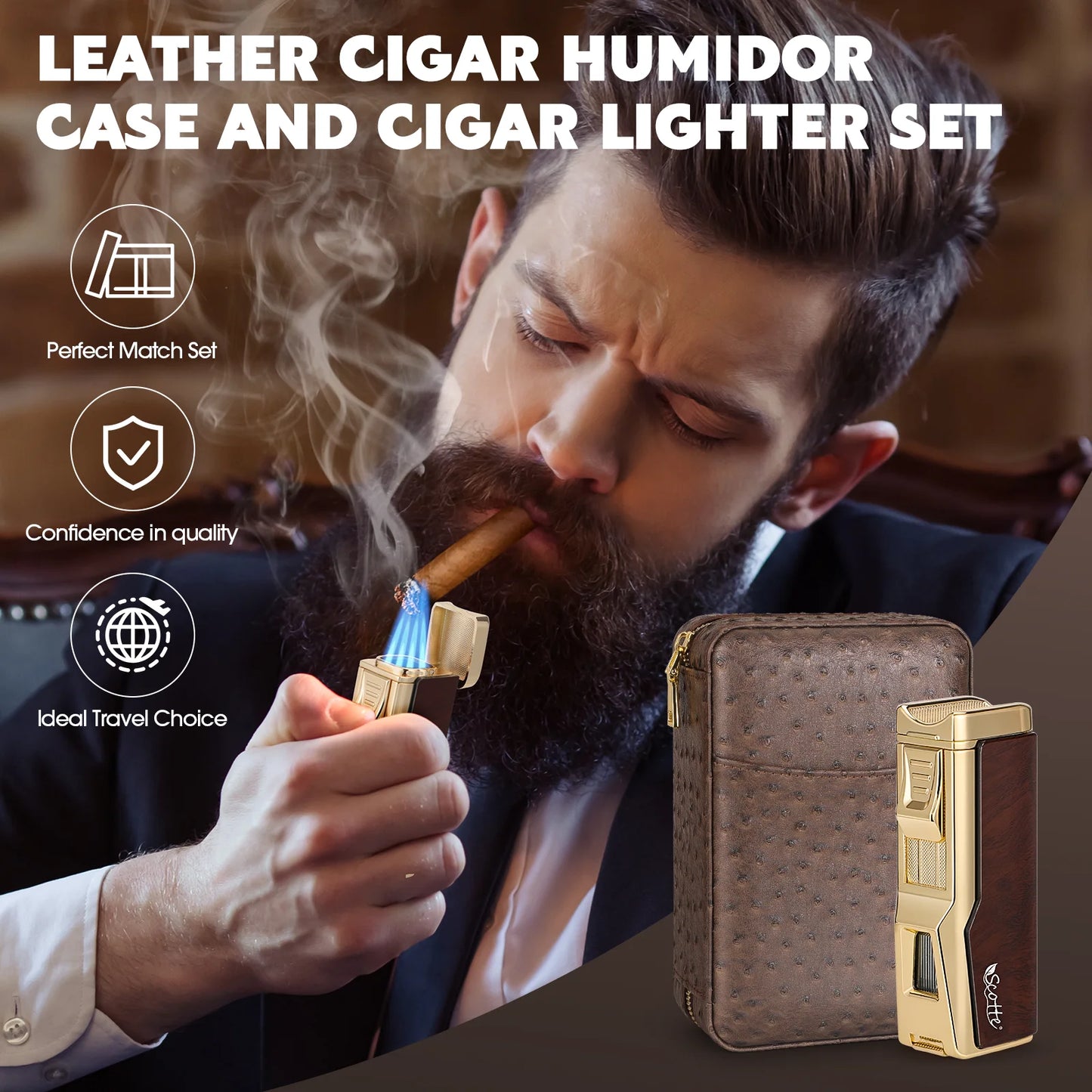Cigar Humidor Box Cigar Lighter Cedar Wood Lined Leather Cigar Case