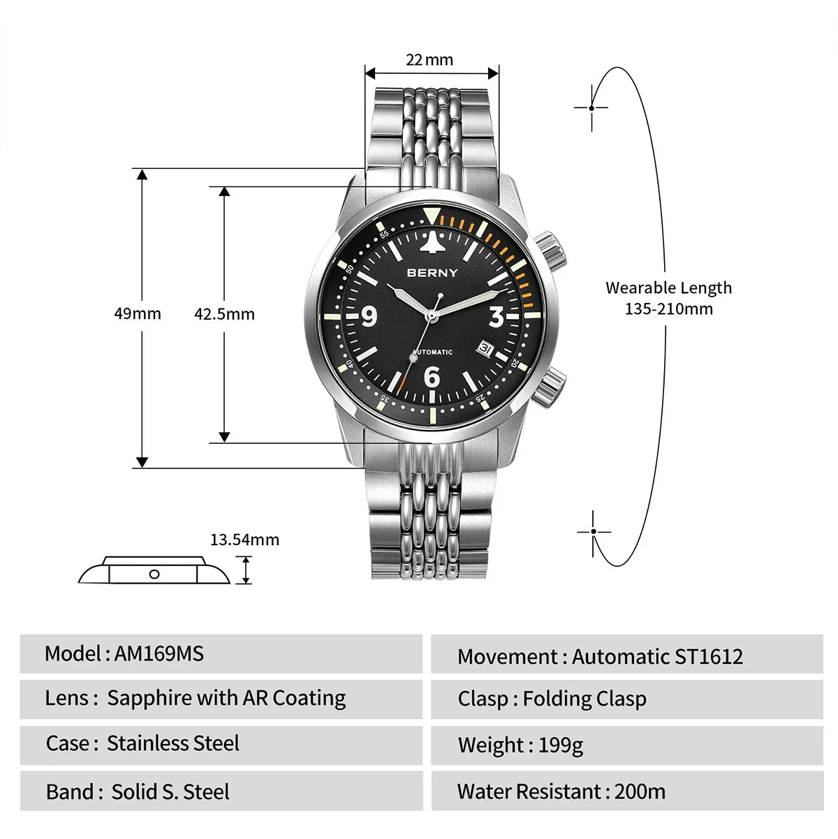 BERNY 20ATM Automatic Men's Diving Watches Top Luminous Sapphire AR Coated Diver Watches