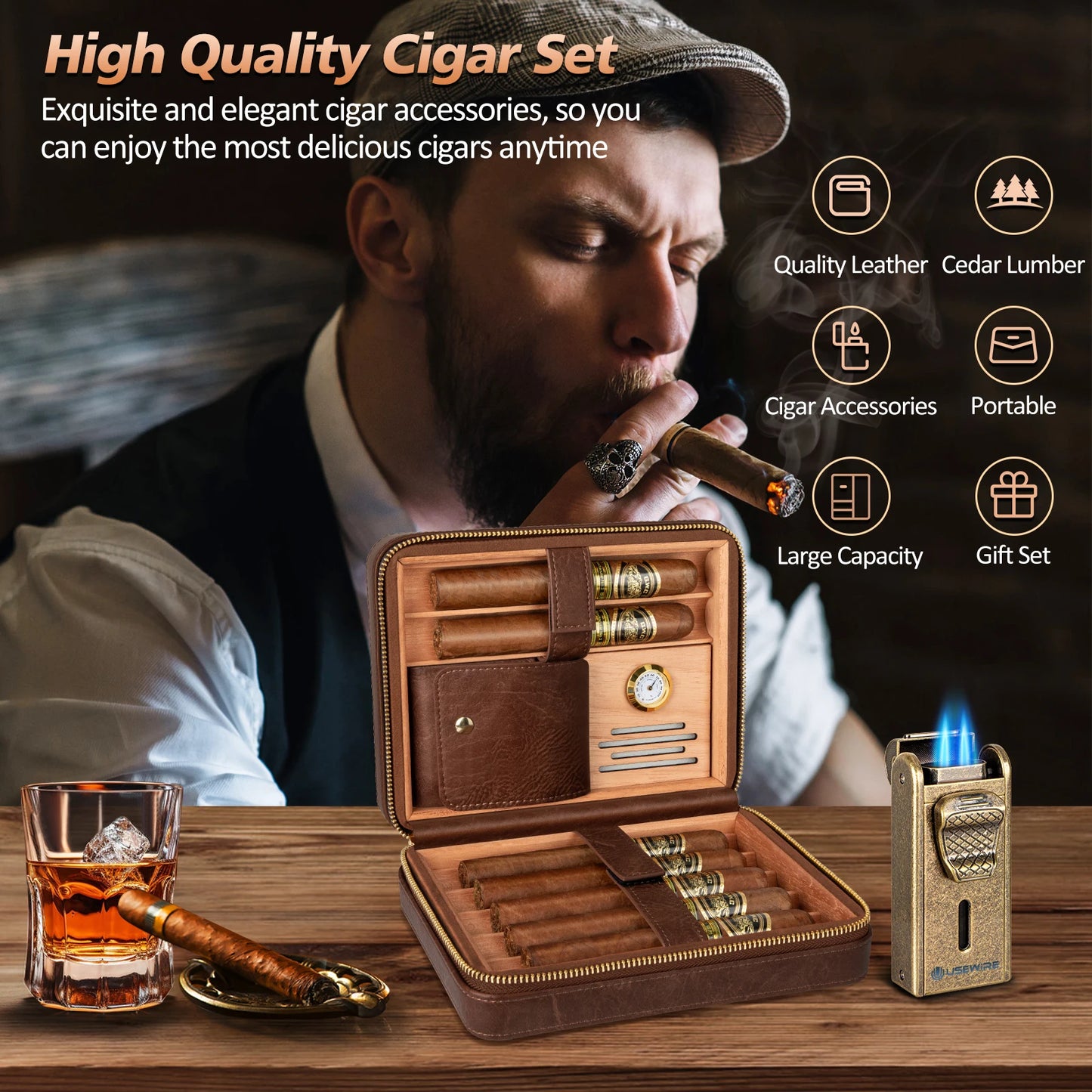 Leather Cigar Humidor with Cigar Lighter, Built-in Straight Cigar Cutter and Cigar Punch,