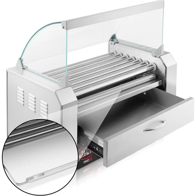 Electric 18 Hot Dog 7 Roller Grill Cooker Machine with Bun Warming Drawer