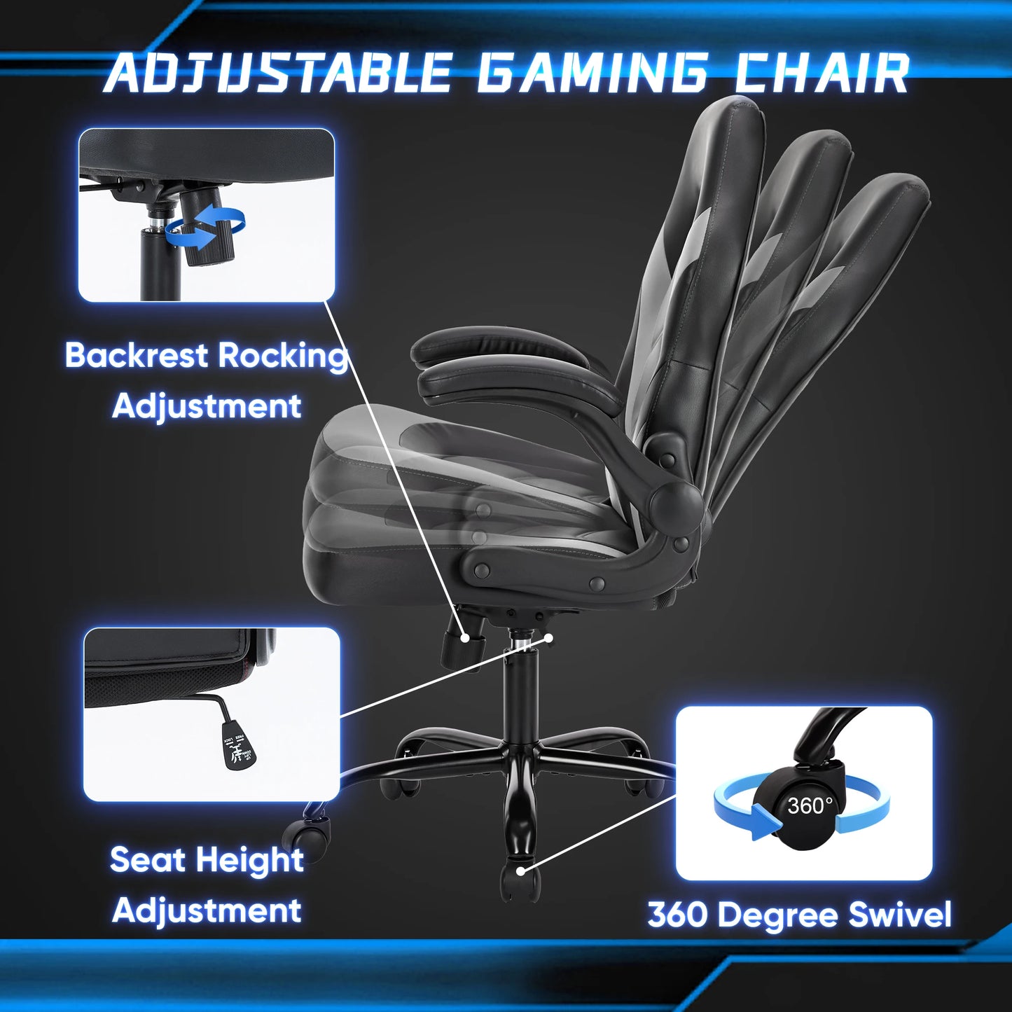 Gaming Desk Chair Adjustable PU Leather Racing Chair Flip-up Armrest