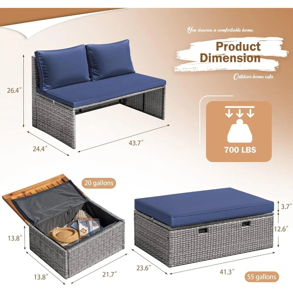 Patio Day Bed Outdoor Daybed Set Multifunctional Rattan Lounge Bed with 2 Side Tables