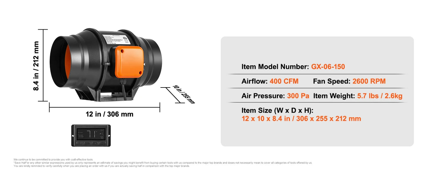 Inline Duct Fan Quiet EC-motor Ventilation Exhaust with Temperature Humidity Controller