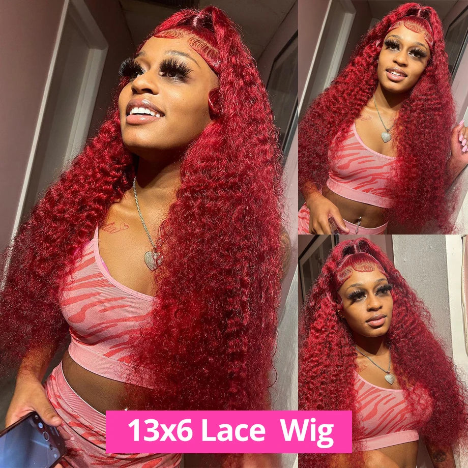Burgundy 13x6 HD Lace Frontal Human Hair Wig Deep Water Wave Curly Lace Front Wig