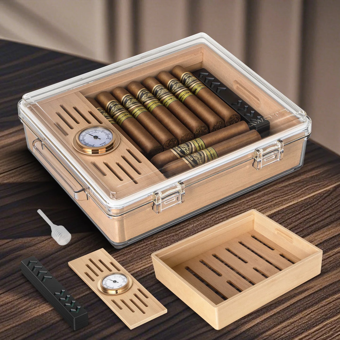 Acrylic Cigar Humidor, Clear Cigar Humidor Box with Hygrometer, Humidifier and Cedar Wood Tray, Can Hold About 20-30 Cigars