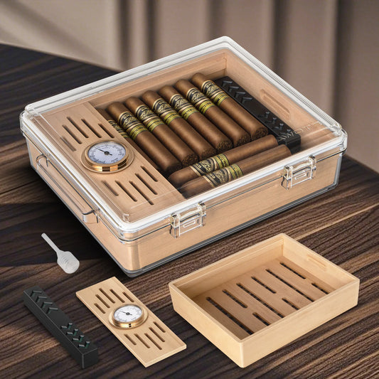 Acrylic Cigar Humidor, Clear Cigar Humidor Box with Hygrometer, Humidifier and Cedar Wood Tray, Can Hold About 20-30 Cigars