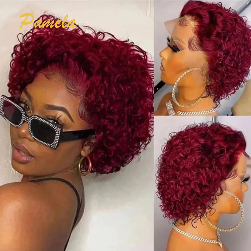 Pixie Cut Curly Bob Wig 613 Blonde & Honey Blonde Burgundy 13x4 Lace Front Human Hair Wig