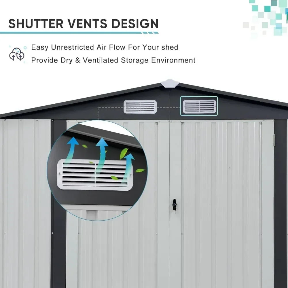 Outdoor Storage Shed with Double Door and Lock, Tall 8x6 FT, Galvanized Steel Metal Garden Shed, Outdoor Storage Room