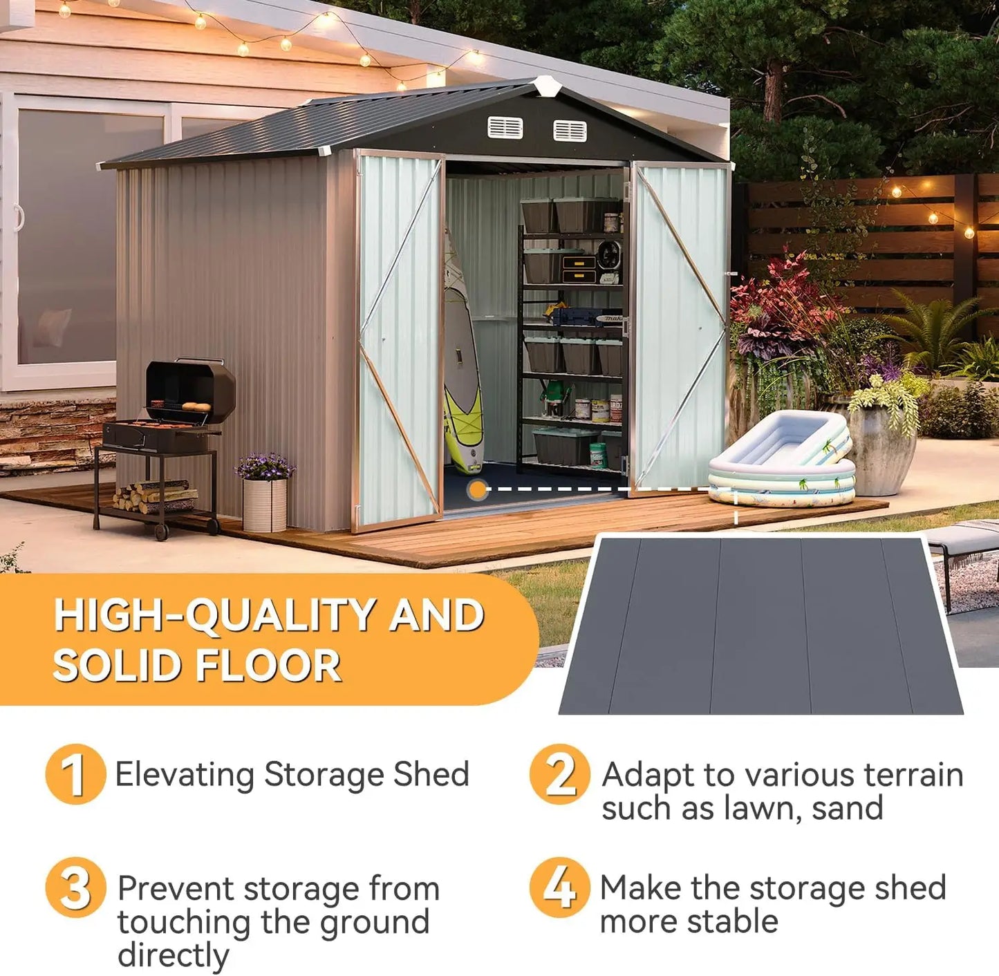 8x6FT Shed with Floor Galvanized Steel Outdoor Storage Shed Metal Garden Shed