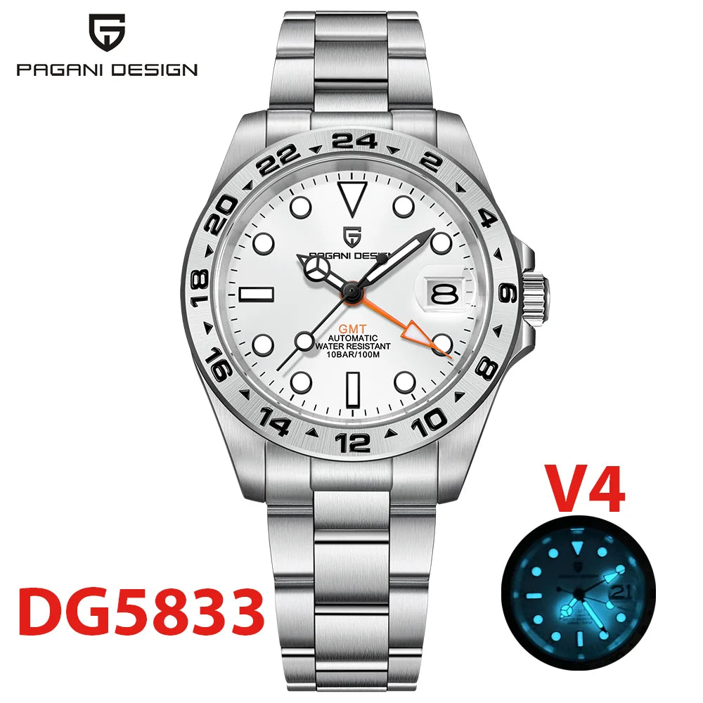 Men's GMT Automatic Mechanical Watches Stainless Steel 10Bar Sport BWG-9 Clock