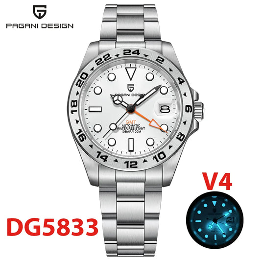 Men's GMT Automatic Mechanical Watches Stainless Steel 10Bar Sport BWG-9 Clock