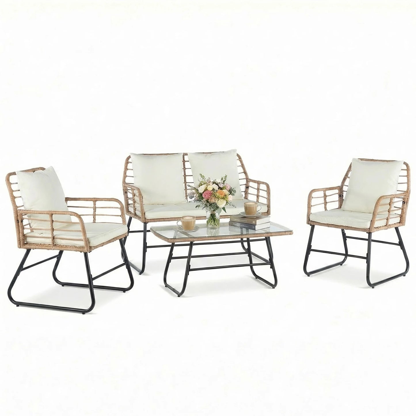 Outdoor Wicker Patio Furniture Set 4 Pieces with Soft Cushion
