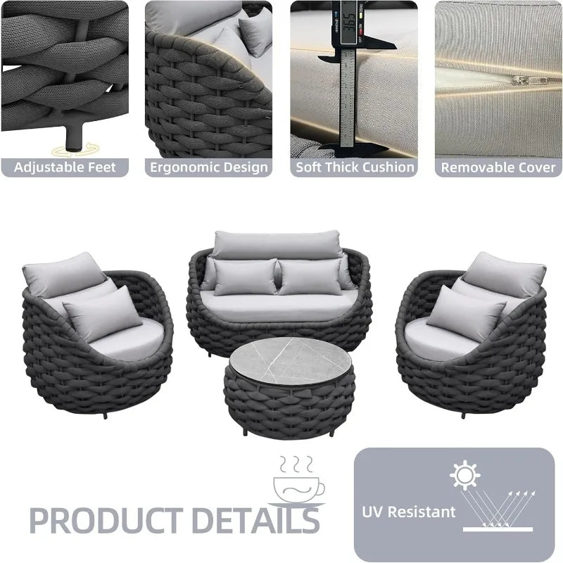 Woven Rope Patio Chair Set Aluminum Outdoor Furniture 2 Piece