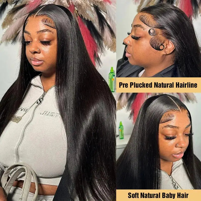 Natural Black Straight 13x4 Lace Front Human Hair Wig Glueless Brazilian