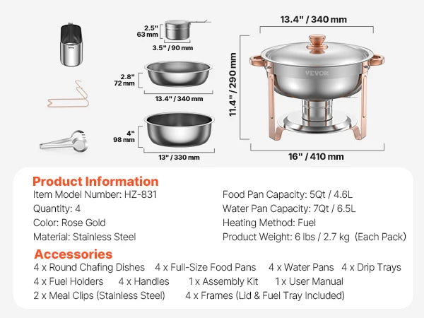 4 Pack Chafing Dish Buffet Se t Stainless Steel Chafer w/4 Full Size Pan Round