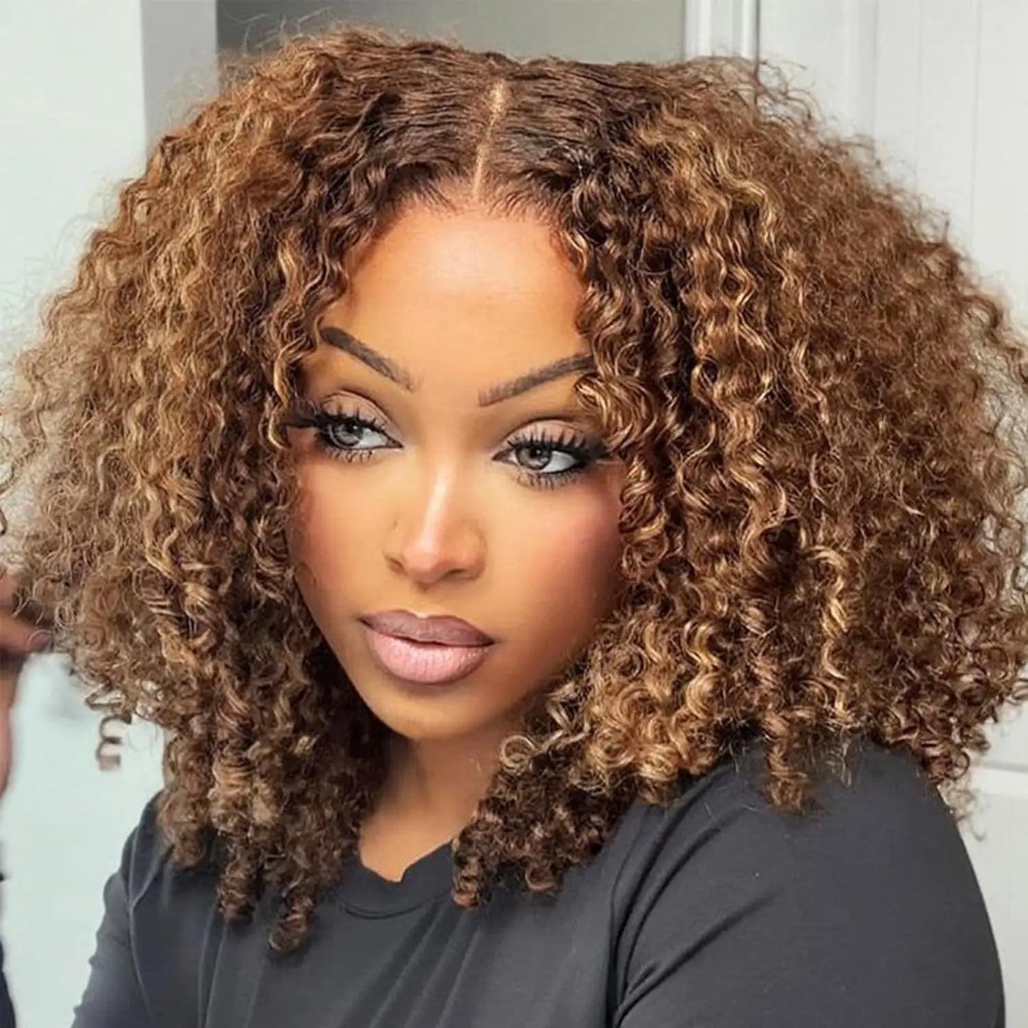 Curly Short Bob Wig Highlight 4/27 Honey Blonde Human Glueless