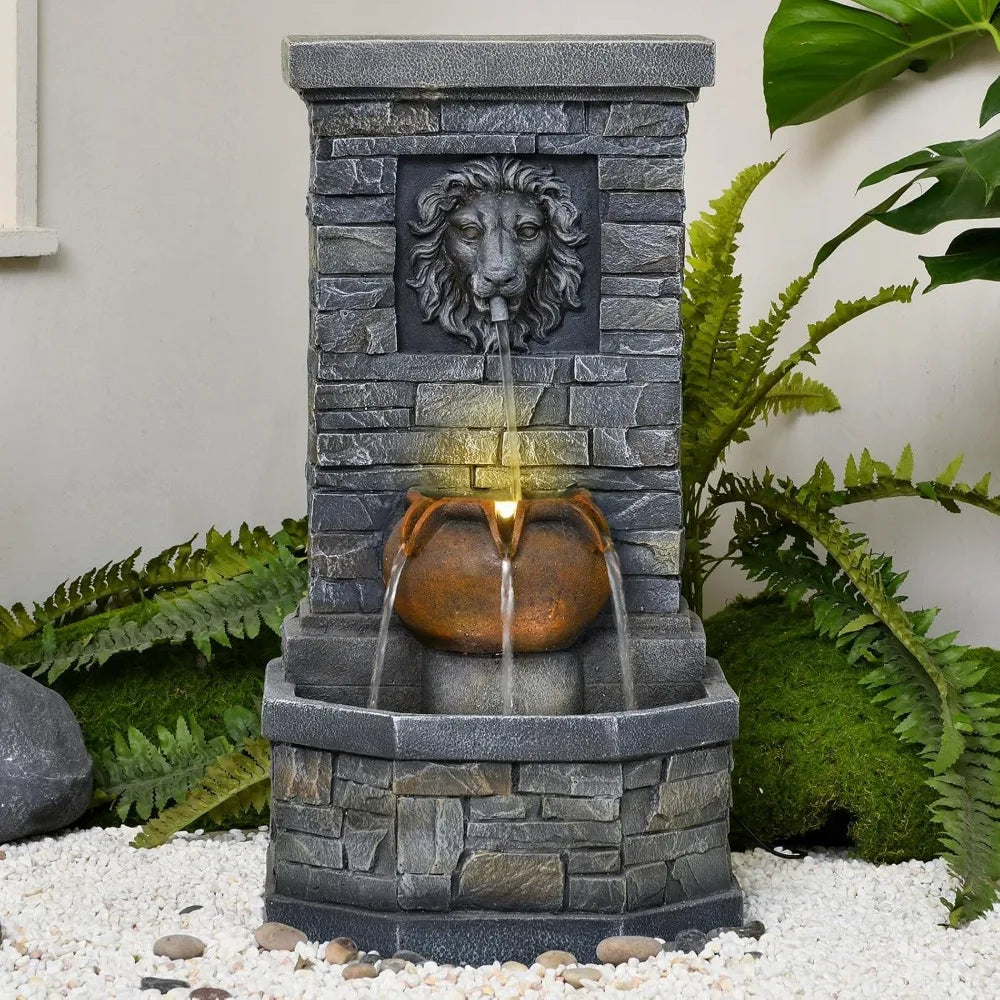 Outdoor Garden Floor-Standing Water Fountain Lion Head Stone