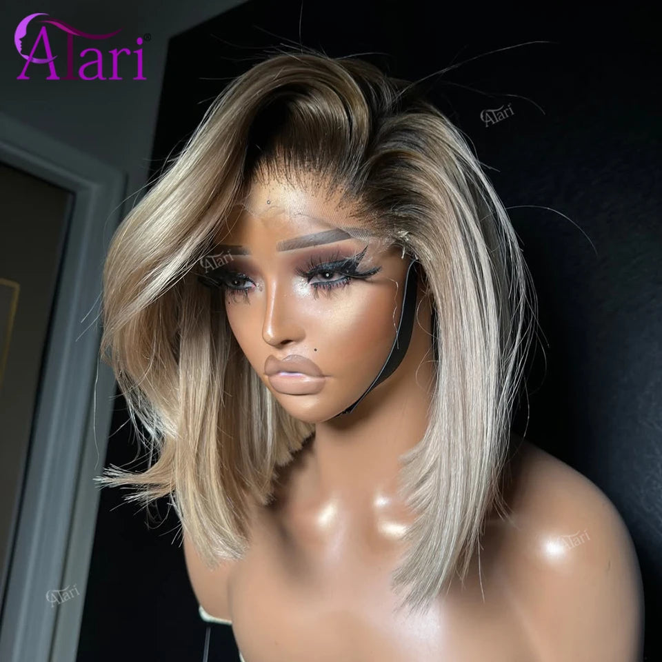 Ash Blonde with Brown Roots Short Bob Wig Transparent 13x4