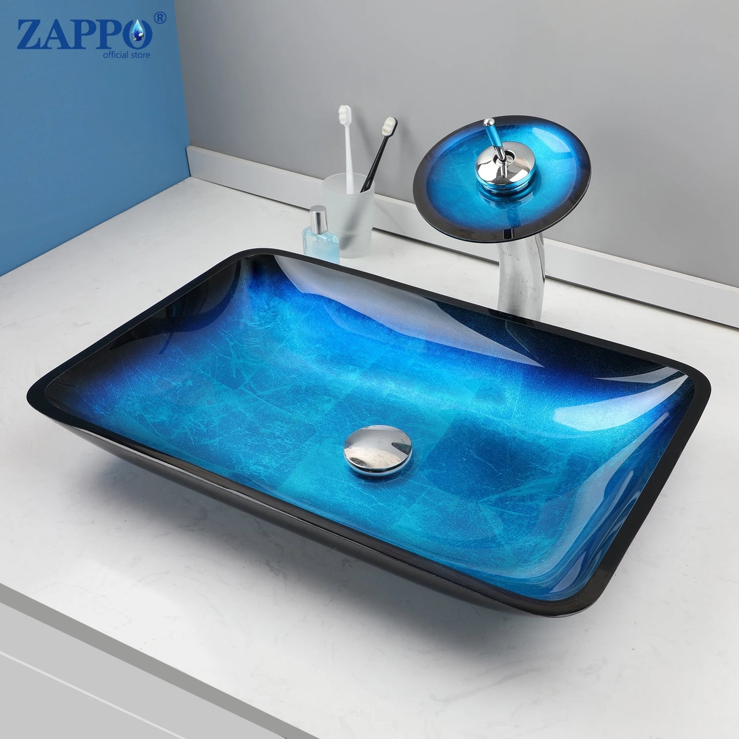Tempered Glass Bathroom Vessel Sink with Waterfall Black Faucet