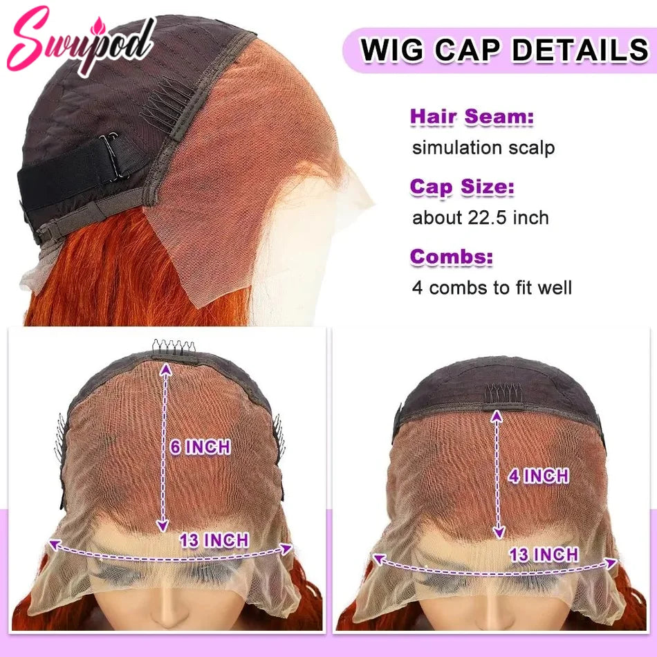 220% Density Transparent HD Lace Front Wig Wave Remy Human Hair Ginger Orange 350# Loose Curly