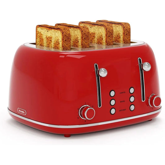 4 Slice Toaster Retro Design Stainless Steel 1.5 Inch Slots 6 Levels Dual Independent Controls Easy Clean Crumb Tray
