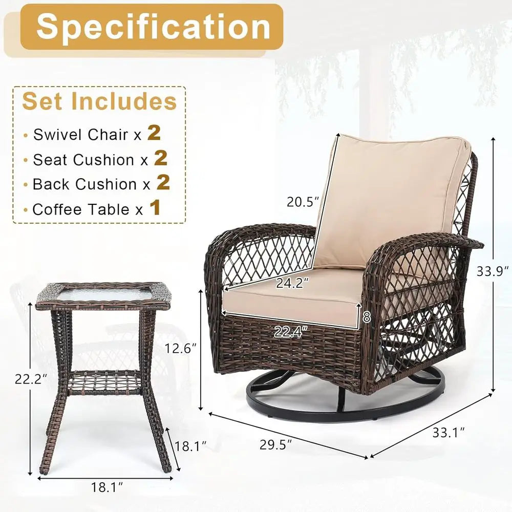 3-Piece Patio Furniture Set,  Swivel Rocking Chairs for  2, Outdoor Swivel Bistro Chairs, Porch Chairs with Bistro Table