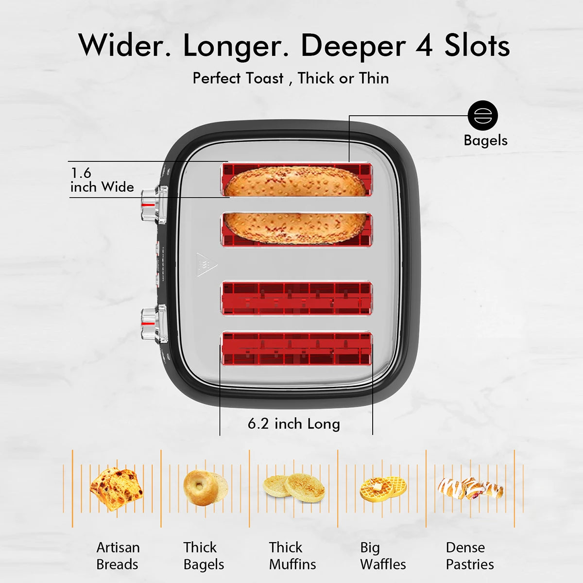 4 Slice Toaster, 1.5" Extra Wide Stainless Steel Slots,