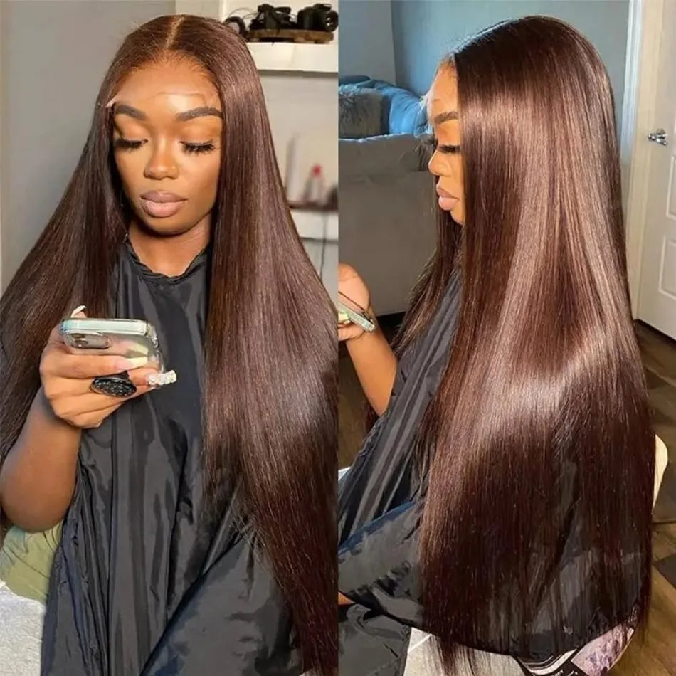 Chocolate Brown Human Hair Wig Colored Straight 13X6 Hd Lace Frontal Wig