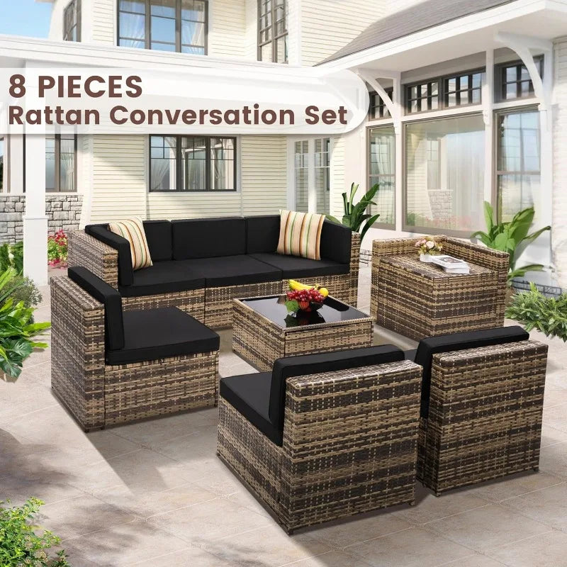 8 Piece Outdoor Wicker Patio Furniture Sectional Set, Glass Top