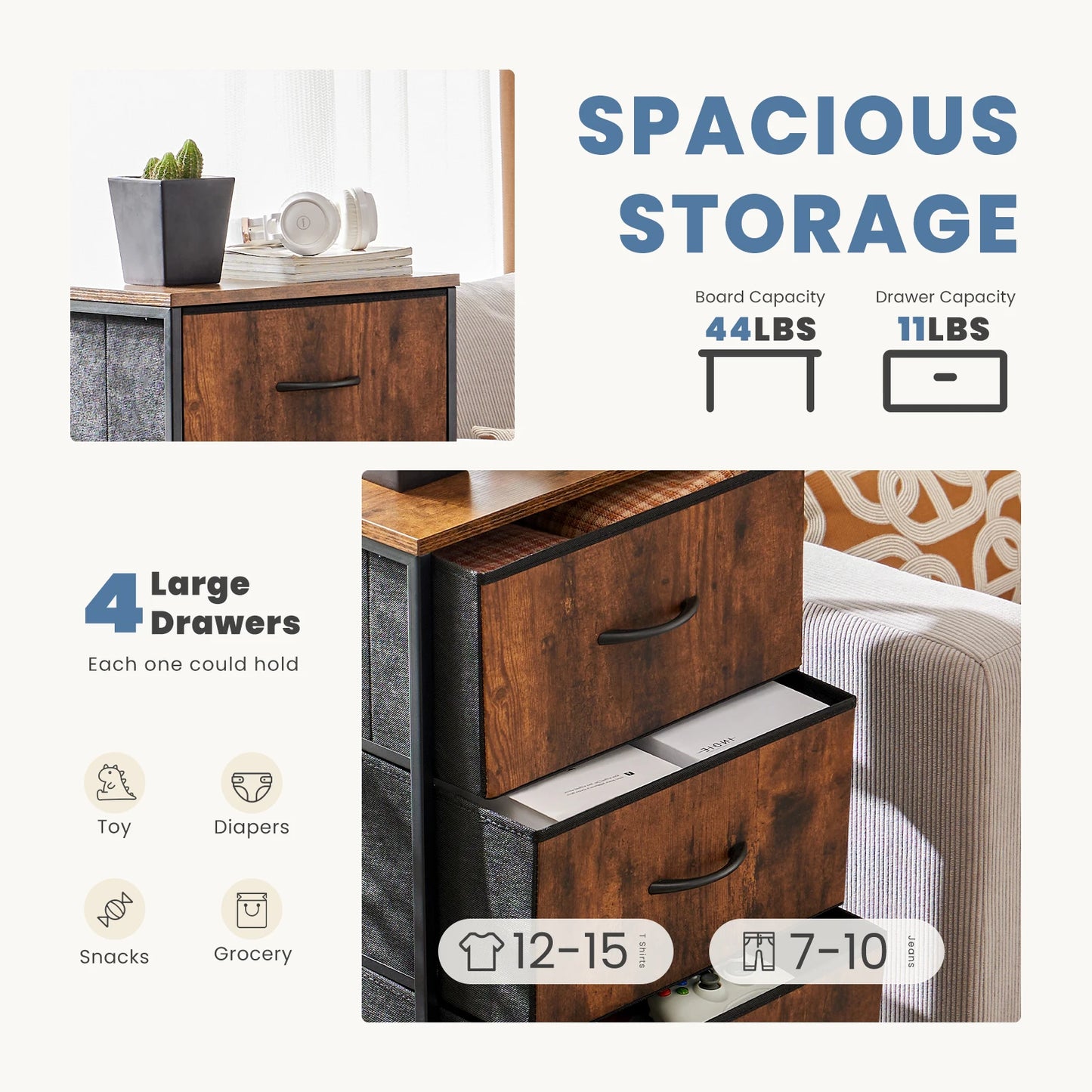 Dresser For Bedroom With 4 Fabric Drawers Nightstand Wardrobe