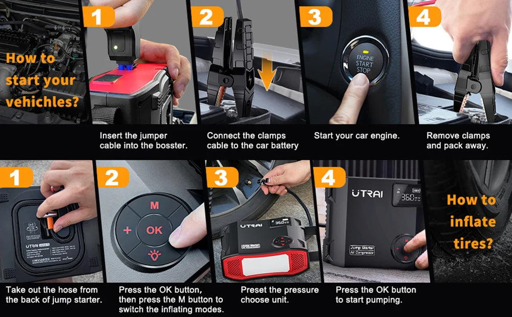 4 In 1 2000A Jump Starter Power Bank 16000mAh 150PSI Air Compressor