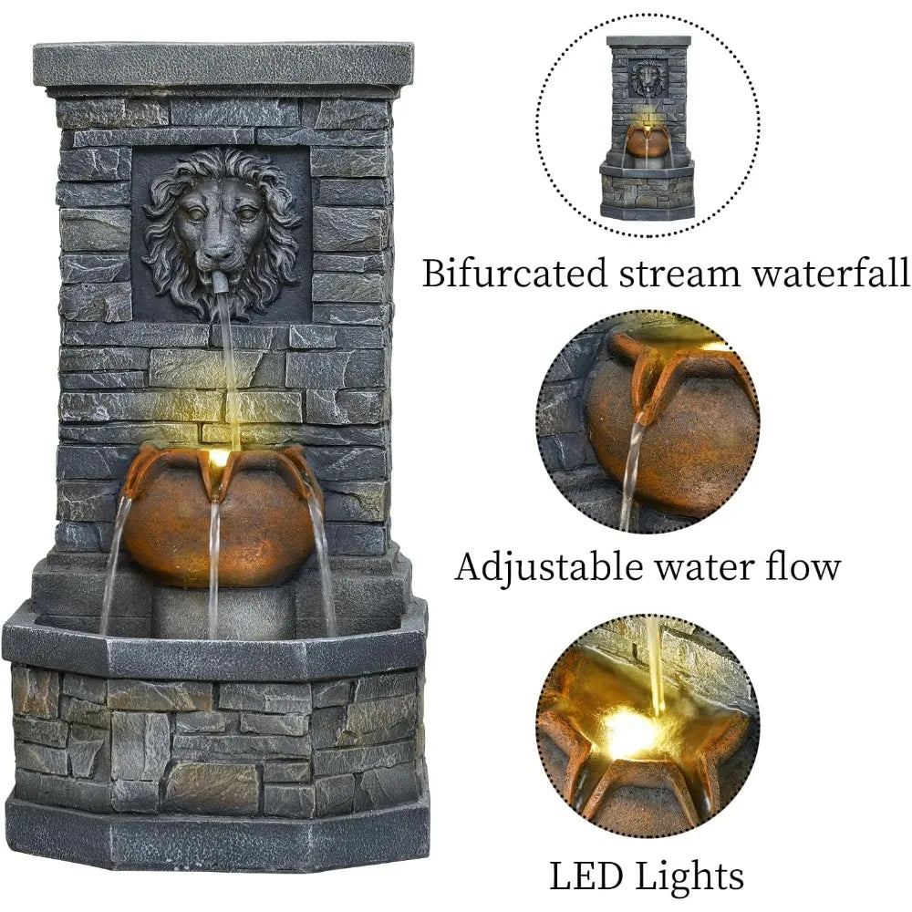 Outdoor Garden Floor-Standing Water Fountain Lion Head Stone