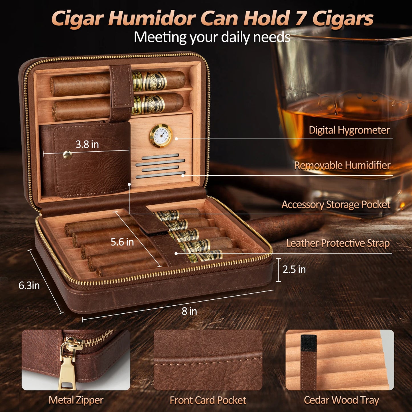 Leather Cigar Humidor with Cigar Lighter, Built-in Straight Cigar Cutter and Cigar Punch,