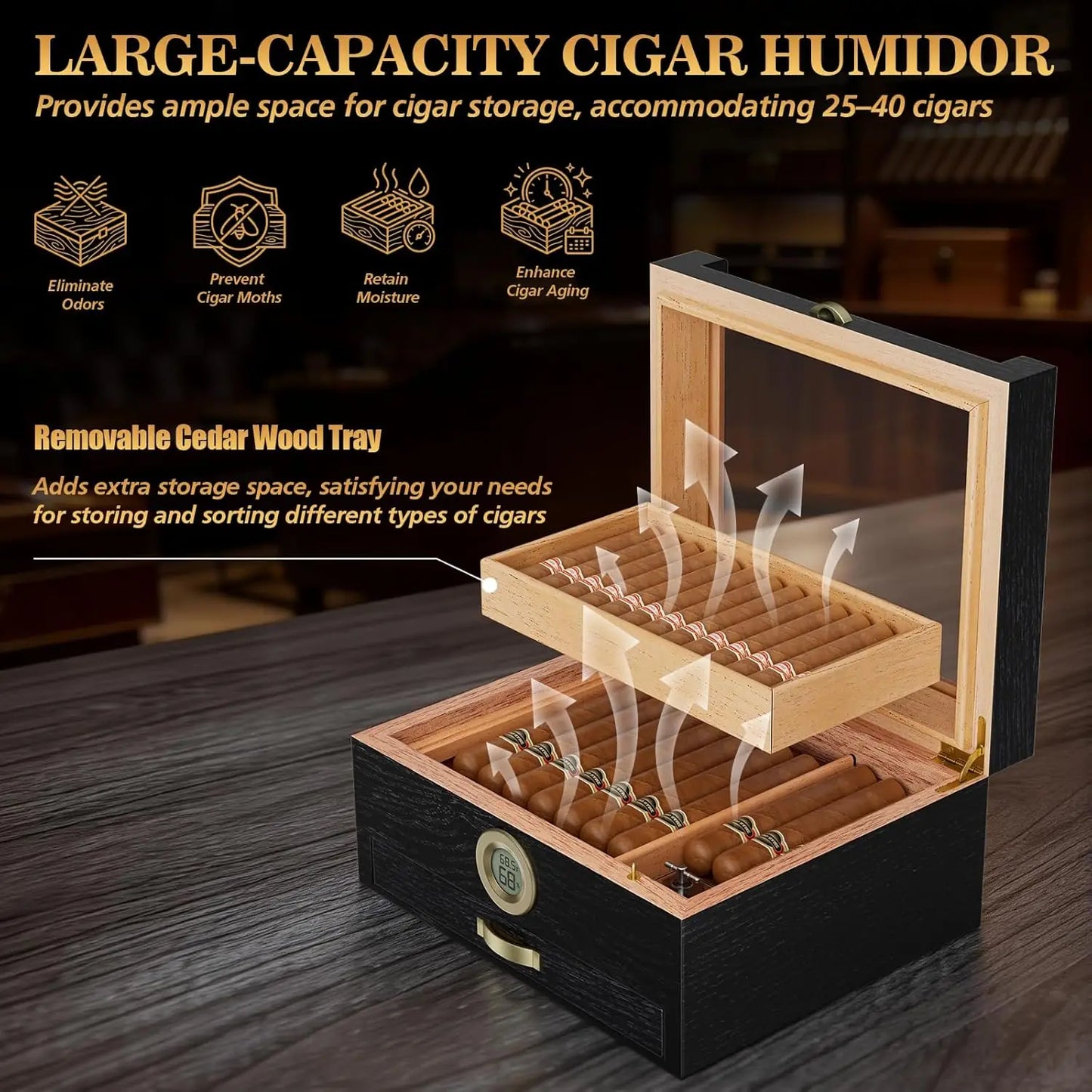 Cigar Humidor with Music Box System Cigar Humidor  and Cedar Wood Tray-Transparent Top Desktop Humidor Digital Hygrometer & Humidifier
